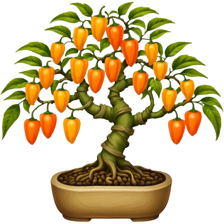 Very Large decorative gnarled bonsai pepper plant with fourty minuscule round orange-yellow peppers on it  emoji