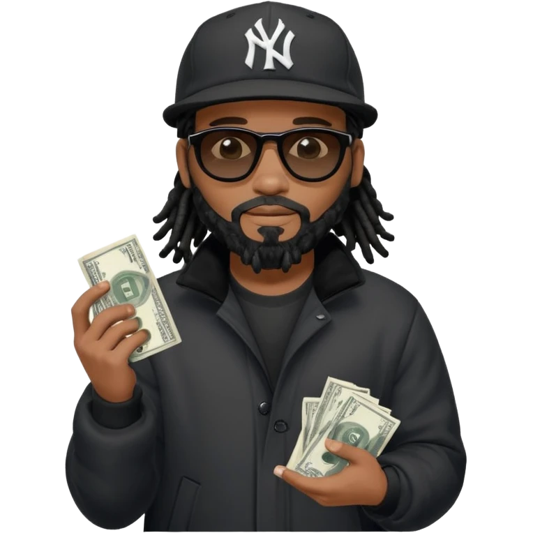African American man with shoulder length black dreadlocks with black beard wearing black sunglasses wearing a black New York Yankees logo baseball Cap wearing a black bubble winter coat give away money emoji