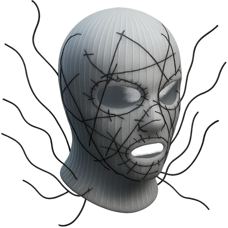 The mask is a full-head, white knitted balaclava with a tight ribbed texture. It features two asymmetrical eye openings and a partially exposed mouth area. Black thread is stitched across the surface in chaotic, abstract lines that trace facial features, giving a hand-drawn effect. Several black cords extend outward from the mask, varying in length and direction, adding a sculptural, almost organic appearance. The overall look is bold, handcrafted, and visually striking. emoji