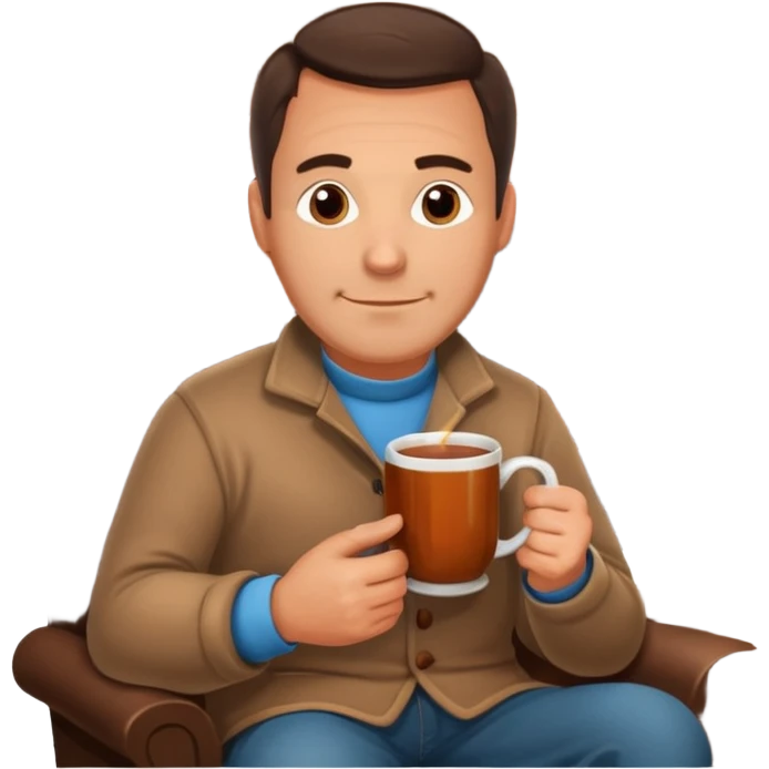 Cozy handsome 45 year old man sitting next to a nice fireplace with a hot apple cider, book, and plate of chocolate cookies. emoji