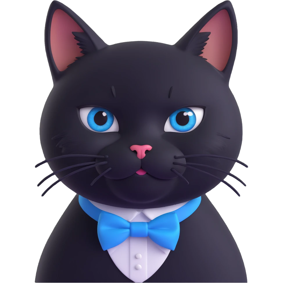 black cat wearing a blue bowtie collar, 3D style, realistic details, soft fur, expressive eyes emoji