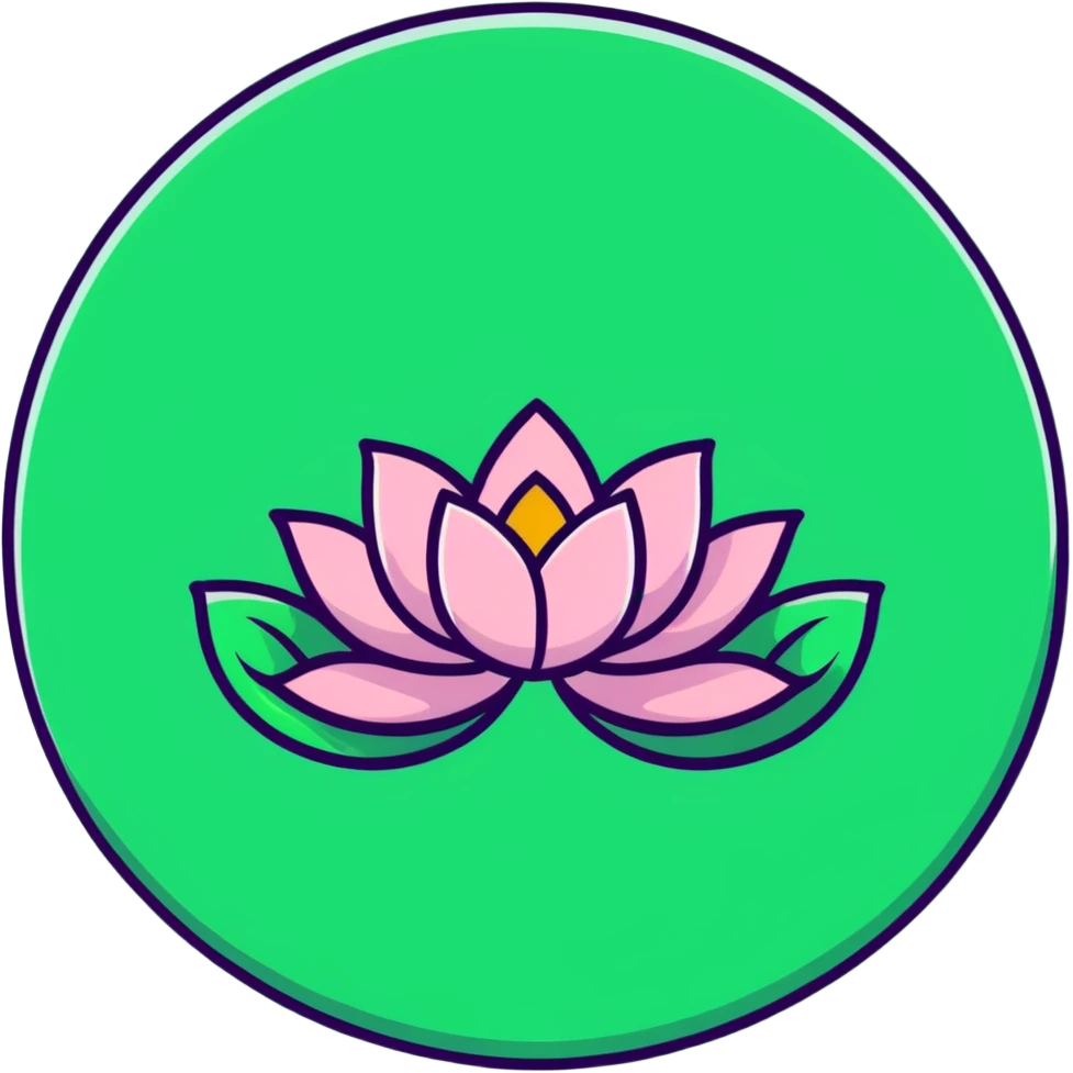 Decorative pink lotus flower with stylized petals, floating on circular green pad with ripples in water emoji