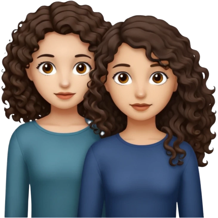 Two girls. One with shoulder length curly hair (dark brown hair and dark brown eyes, white skin) and the other with dark wavy hair below the shoulders and brown eyes. emoji