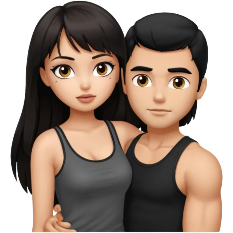 generate a pretty bratz girl in black cami top, dark brown straight long hair with bangs, eyeliner on, 

hugging a handsome muscular boy with black hair and a grey tshirt emoji