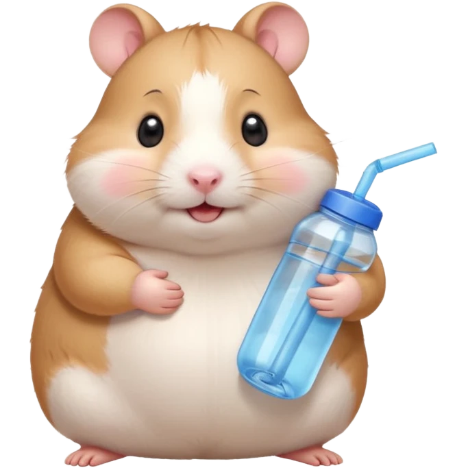 Cute chubby cartoon-style hamster hugging an oversized water bottle, sipping with tiny straw, happy expression. Painterly shading, expressive eyes, white background, sticker-style illustration emoji