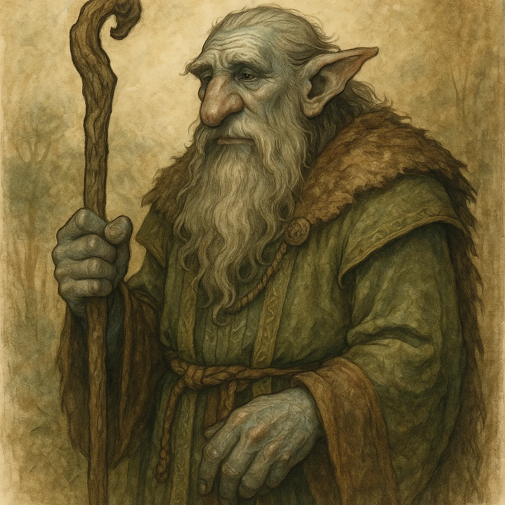 firbolg, wise and peaceful, holding a staff, fantasy character, detailed fantasy illustration emoji