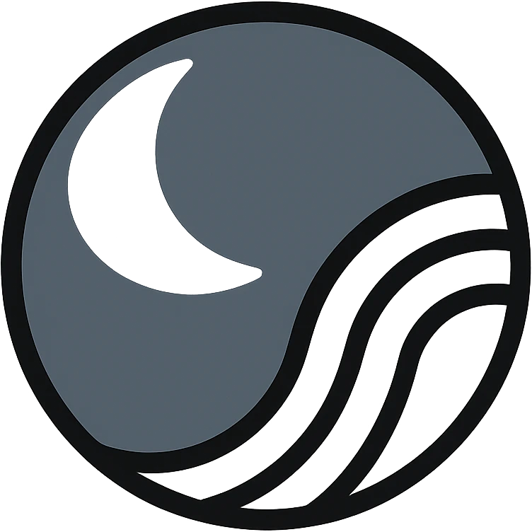 modern abstract logo: dark gray sphere with subtle gradient, white crescent moon or claw shape in the upper left, three white concentric curved lines on the right resembling waves or fingerprint emoji