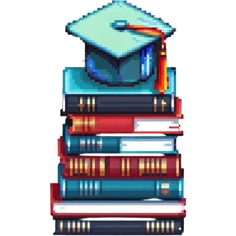 Terraria style pixel art stack of colorful books with a graduation cap on top emoji