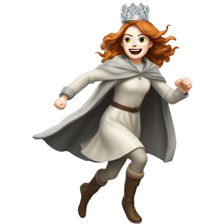 Emma Stone running, with a large stride and arms outstretched, wearing an icicle Crown and Winter Cloak emoji