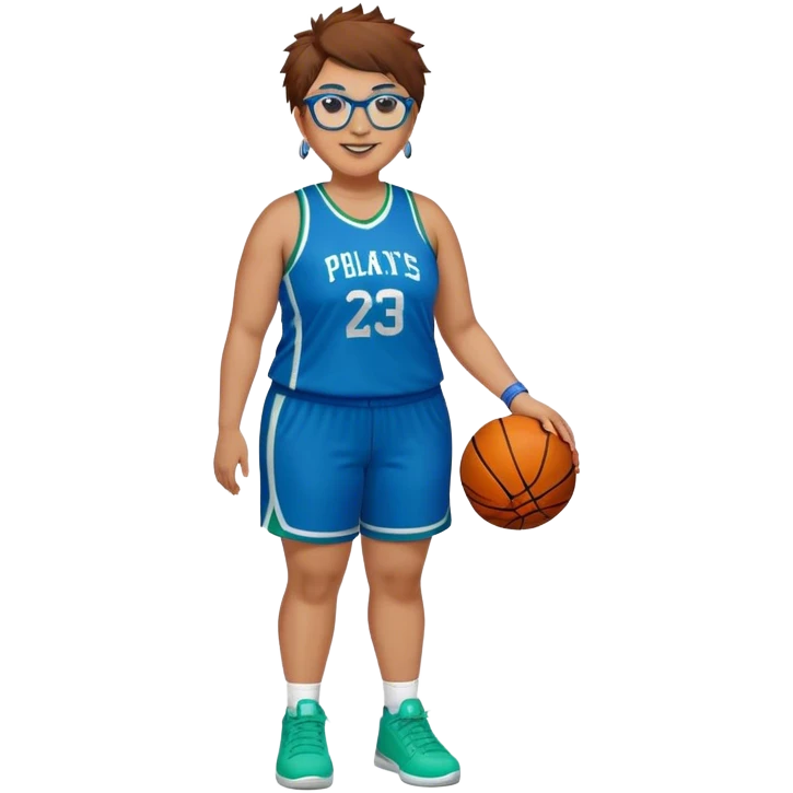 Full Body plus size white female basketball player with short medium brown hair with  spike hair wearing blue glasses 
With a pug wide nose wearing blue green uniform  green sneakers smiling wearing silver hoop earrings emoji