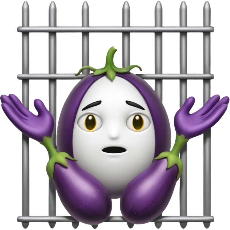 Smutna buźka z bakłażanami w miejscach oczu. Buźka jest za więziennymi kratami trzymając się ich rękami emoji