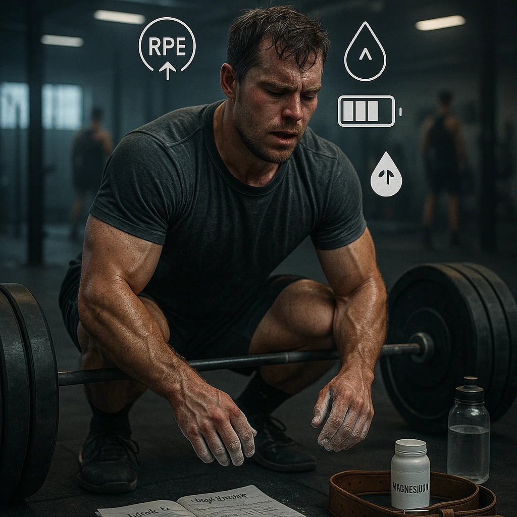 A muscular man in his early 30s, mid-workout in a gym, sweating heavily, expression showing fatigue and strain but still focused. He’s performing heavy barbell squats or deadlifts, with chalk-covered hands, and a visible training logbook nearby showing notes like 'Week 4 – High Volume'. Slight dark circles under his eyes, subtle red irritation around joints and tendons, symbolizing overuse. A water bottle, magnesium supplement, and lifting belt on the floor. Background: a real gym environment with other athletes, slightly blurred. Ambient lighting: cool tones with overhead gym lights. Optional floating icons showing high RPE, accumulated fatigue, cortisol levels slightly elevated. Style: cinematic realism, emotionally intense yet grounded in sports physiology. emoji