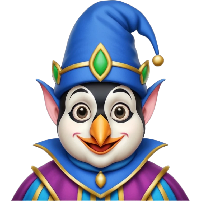 crazy funny colorful real penguin jolly joker, medieval, vintage, court jester, mac os icon, blue color emoji