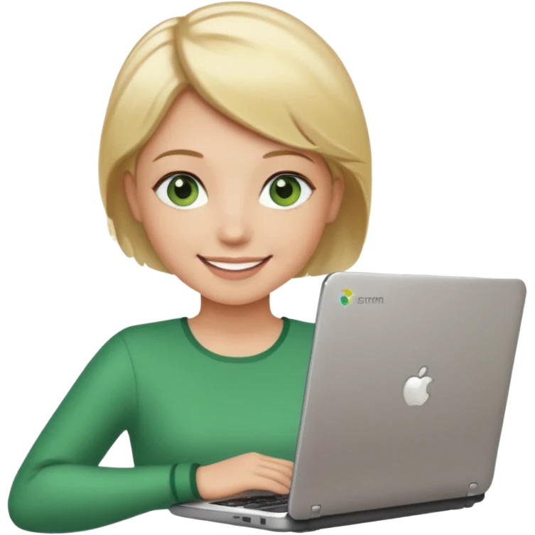 short blonde hair teacher green eyes woman happy holding chromebook emoji