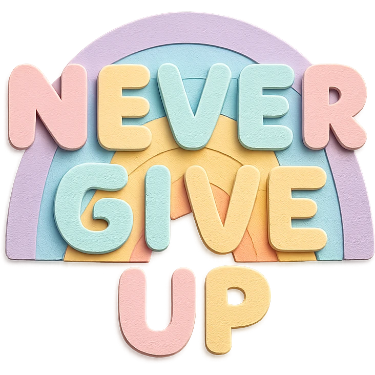 Soft pastel rainbow chubby soft text for "Never Give Up", kawaii design, no outline, transparent background emoji