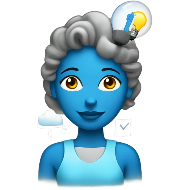 a tech girl with drawing tools, light bulb, cloud, blue heart emoji