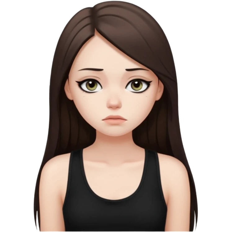 a fair girl with straight long brunette hair, black tank top, eyeliner on. Looking sad emoji