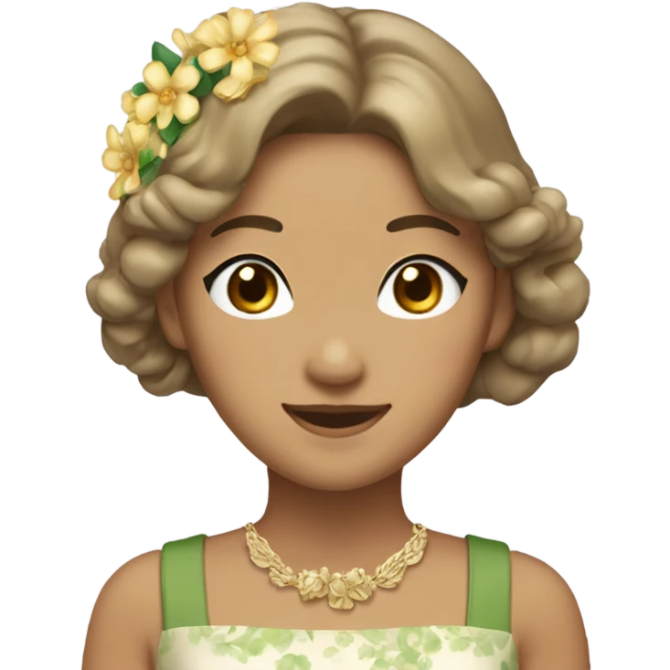 A woman of Asian appearance. Wheat-colored skin, waist length hair, golden brown, slightly curly, wavy look. The eyes were green, and then the hair wore a wreath, the earrings were flowers, and the dress was a white suspender. emoji