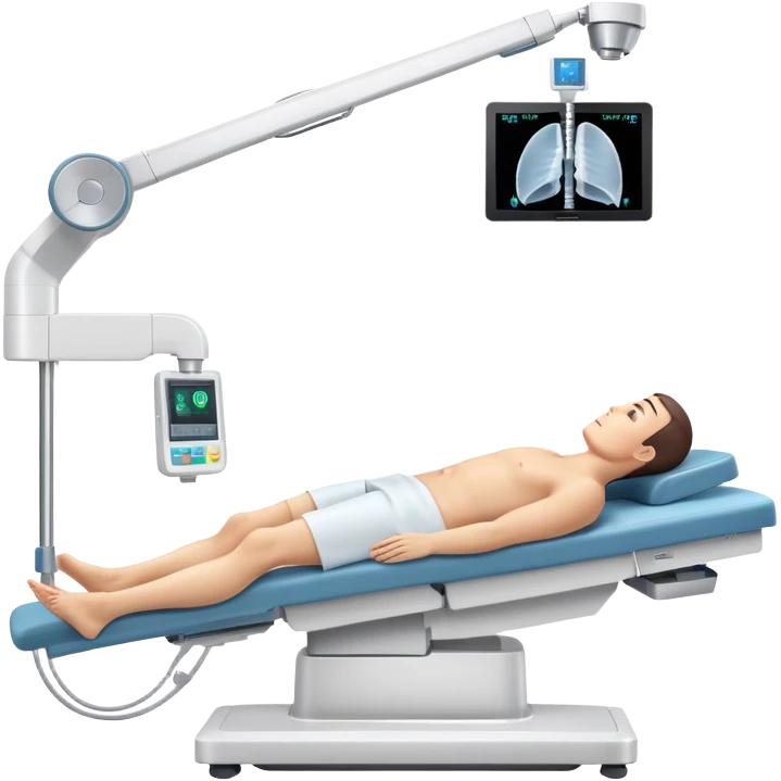 3D medical DEXA scan machine with male patient lying on examination table, bone density measurement equipment with scanning arm over patient emoji