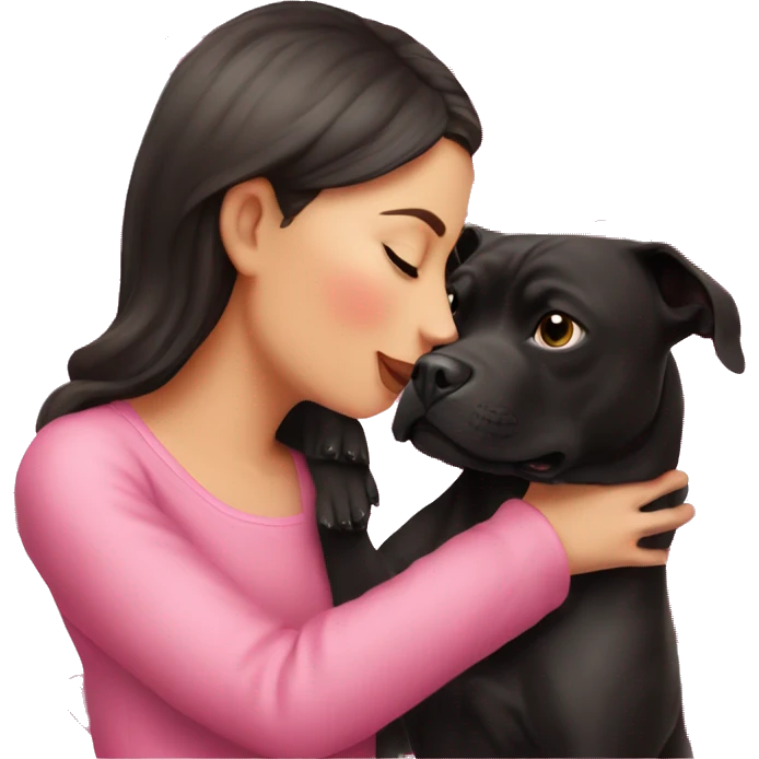 Brunette kissing big black pitbull dog, pink hearts emoji