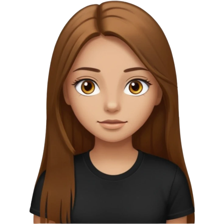 Burnett girl with long brown straight hair. Hazel eyes with long eyelashes. Wearing a black t shirt. emoji