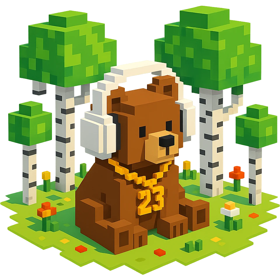 березовый лес, в котором сидит бурый медвежонок в белых наушниках (наушники должны закрывать уши медведя), на медведе цепь с подвеской "23", no background  emoji