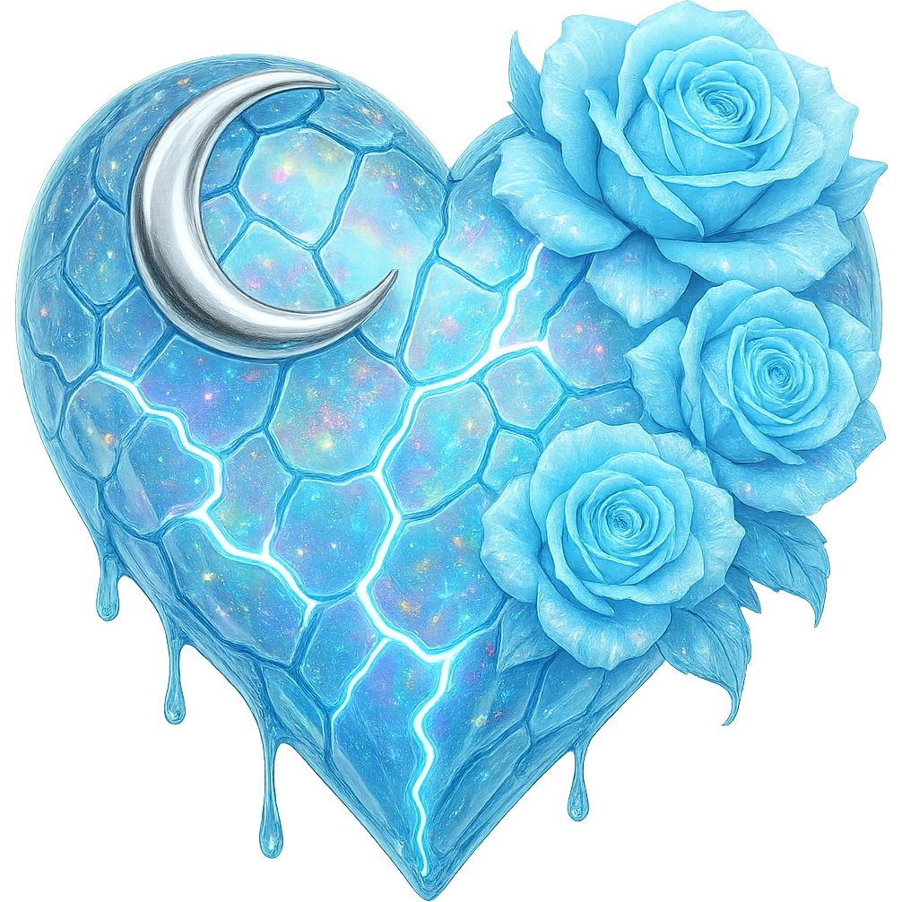Edit the gothic heart to use fractured light blue glass, a silver crescent moon, light blue roses, iridescent holographic stardust, neon lightning bolts, and a wet, shiny finish. Keep the background transparent. emoji