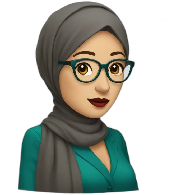 Hijabi white woman with glasses and brown eyes wearing a teal suit red lipstick emoji
