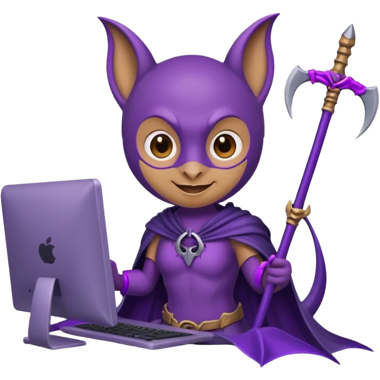 a happy purple bat holding a scythe while sitting in front of her computer emoji