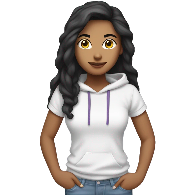 chica latina con cabello negro lacio largo y con camiseta defondo blanca y hoodie lila emoji