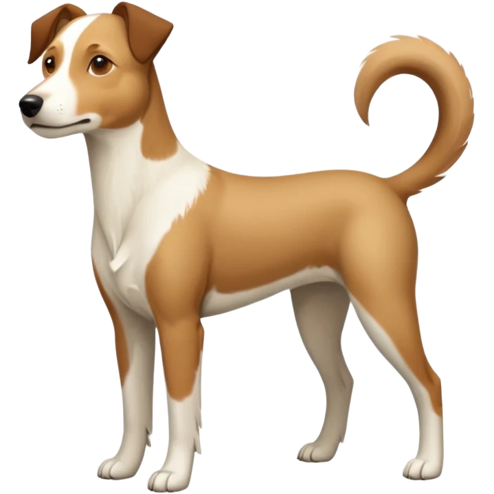 a full body large white parson russell looking dog the size of a kelpie with light brown flapped down ears and a light brown patch on one eye and a large snout emoji