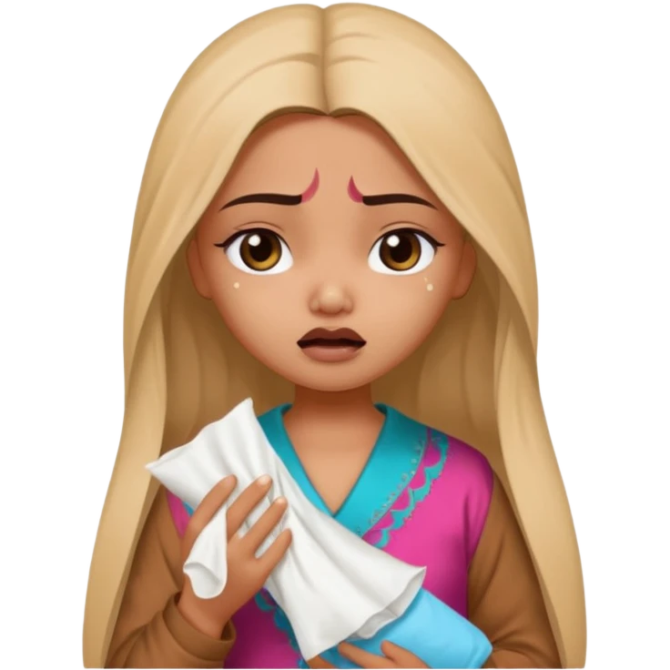 a pretty bratz fair indian girl wearing a brown pajamas, dark circles, crying, holding tissues emoji
