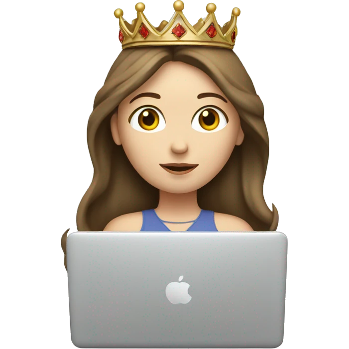 Pale white brunette girl on laptop wearing a crown with brown hair emoji