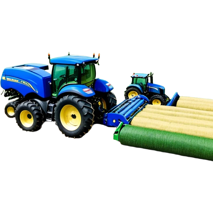Baler – New Holland Roll-Belt 560 (2018) – Cinematic-realistic John Deere 6155M tractor towing a New Holland Roll-Belt 560 baler, its deep green body contrasting with the bright blue baler. The massive machine moves steadily through golden fields, compressing freshly cut hay into tight round bales, while dust swirls under the blazing afternoon sun. emoji