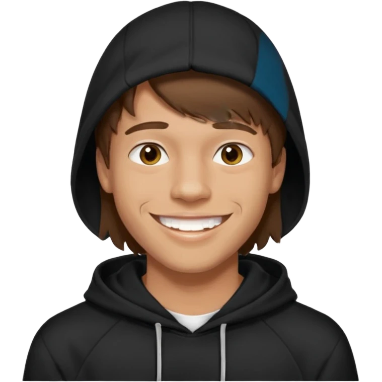 20 yr old man, brown hair, straight, big smile, white teeth, tanned skin, bangs, black hooded sweatshirt emoji