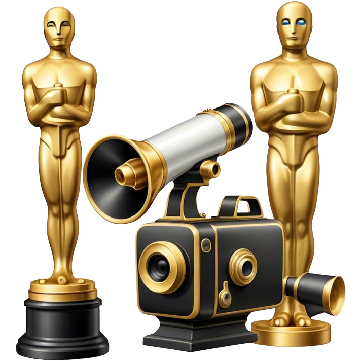Professional icon for Directing: a cinematic collage with a film camera, a megaphone and an Oscar statuette. The icon should convey the prestige and creative mastery of directing, with a focus on film production and recognition. Transparent background. emoji