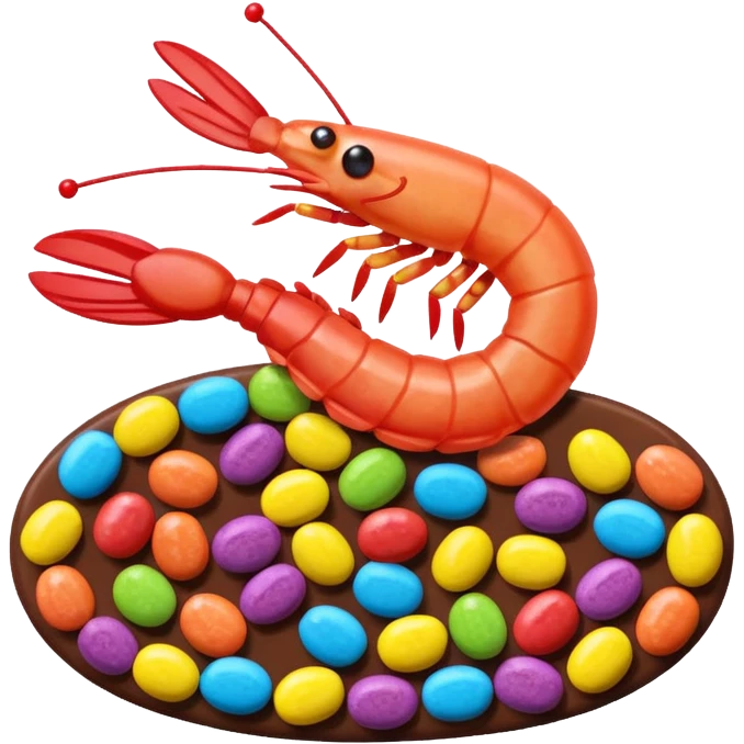 Shrimp made from candy like smarties, skittles, mars bar, nerds colorful emoji