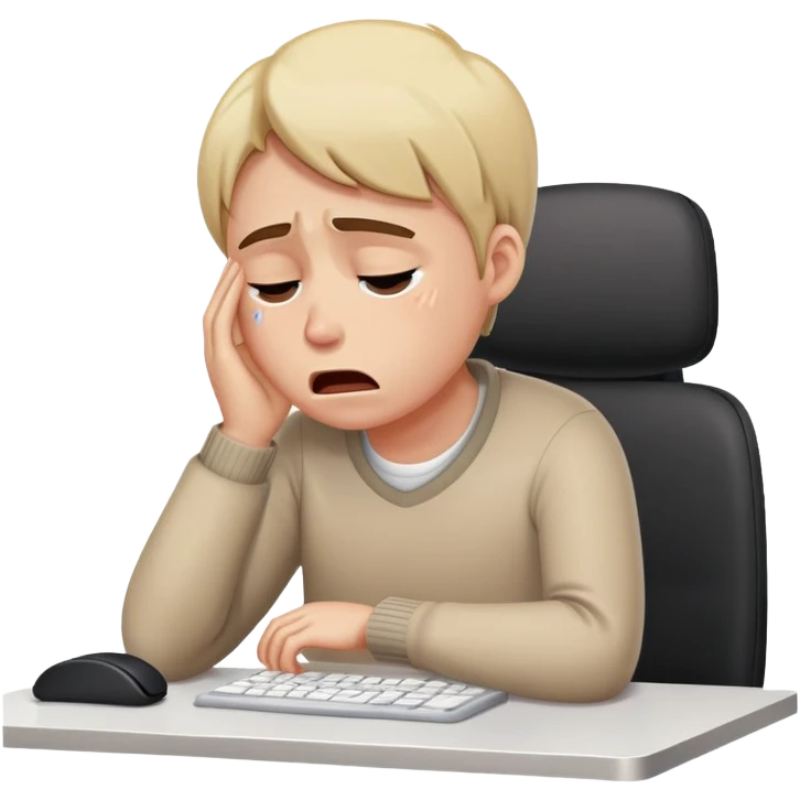 person sitting at a modern desk crying emoji