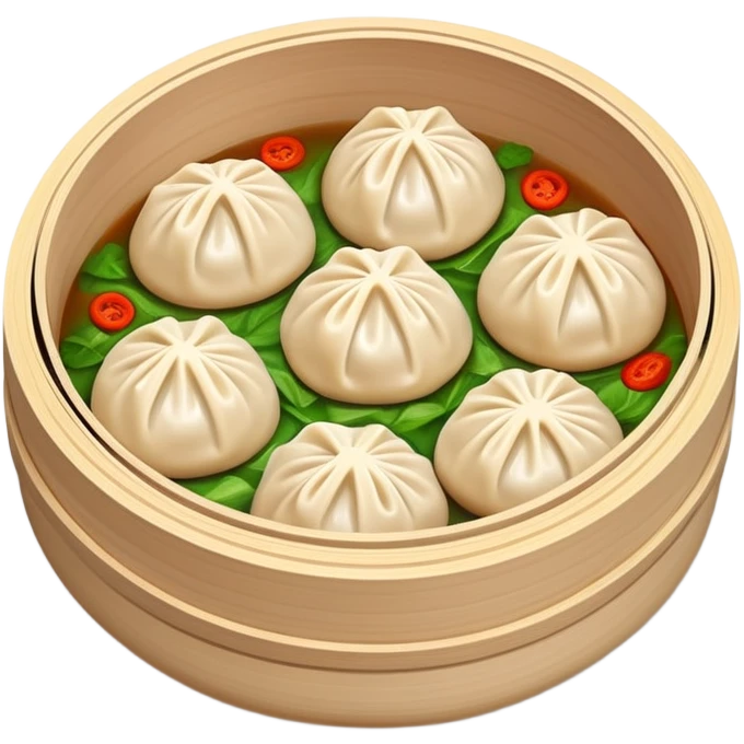 Xiaolongbao Shanghai soup dumplings with steam, simplified emoji style with bold outlines and bright colors, cartoon style Chinese steamed bun emoji