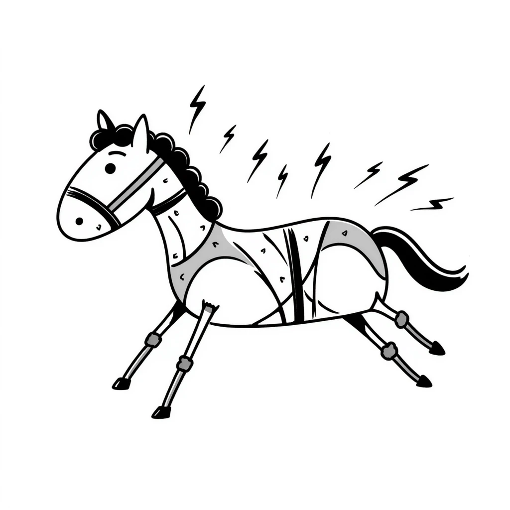 Sketchy electric horse made of metal plates and electrical wires, with lightning bolts shooting off as it gallops at high speed emoji