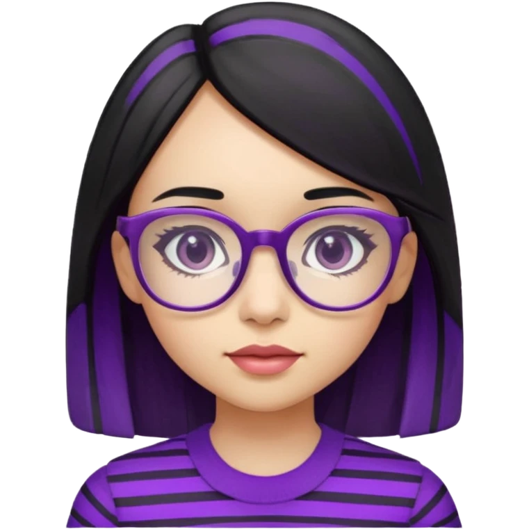 chica bonita con ligero cabello negro con rayas moradas que llega hasta los hombros con lentes cuadrados de estatura pequeña emoji