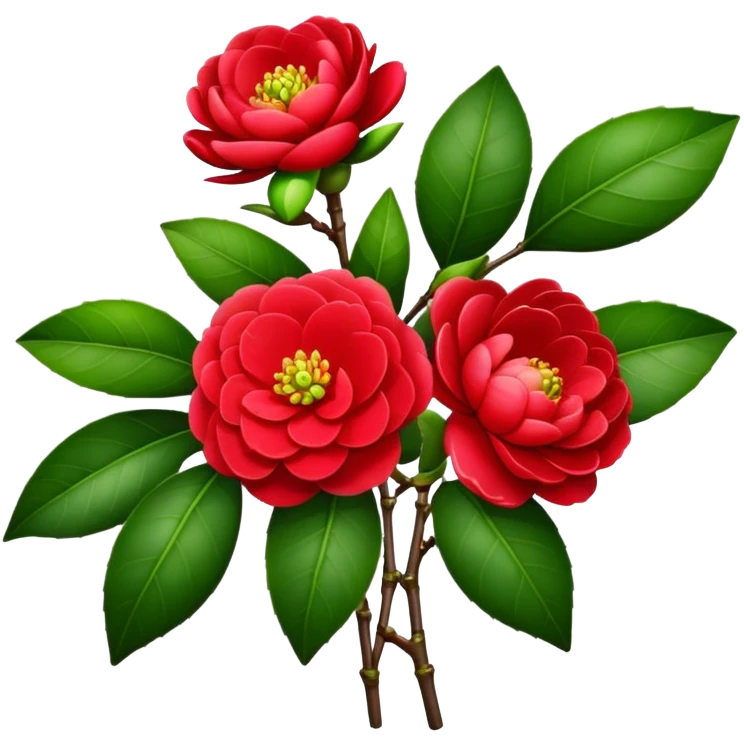 bouquet Red Camellia, luxuriant, stem, leaf, bud emoji