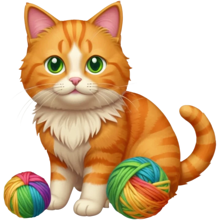 An orange kitty playing with a rainbow ball of yarn emoji