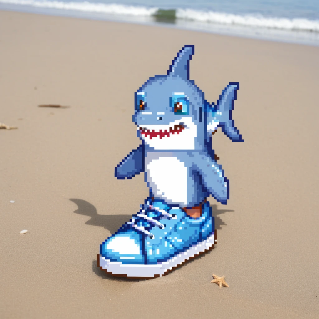 shark with blue shoes at the beach emoji
