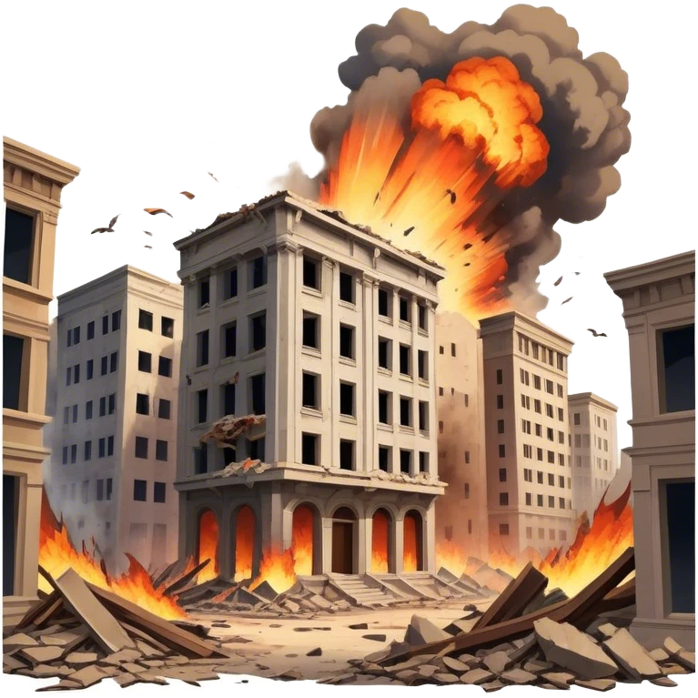 A vintage movie poster-style design with a dramatic scene of a natural disaster like an earthquake, tornado. Include crumbling buildings, flying debris and fiery explosions. The background should be chaotic, with a cinematic, apocalyptic vibe. Transparent background. emoji
