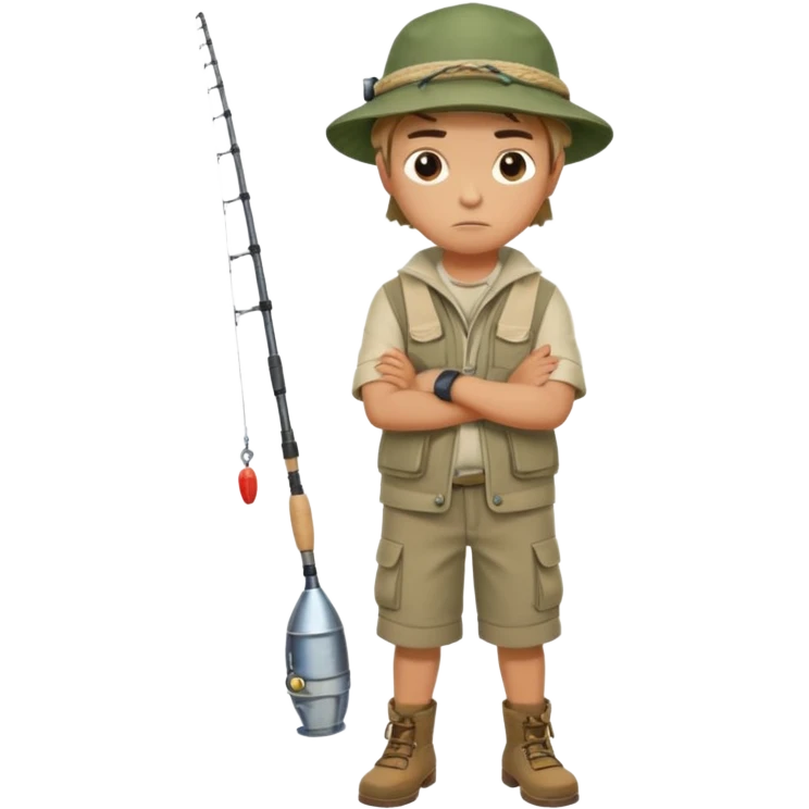 A boy with crossed arms, looking annoyed, dressed in fishing clothes full body emoji