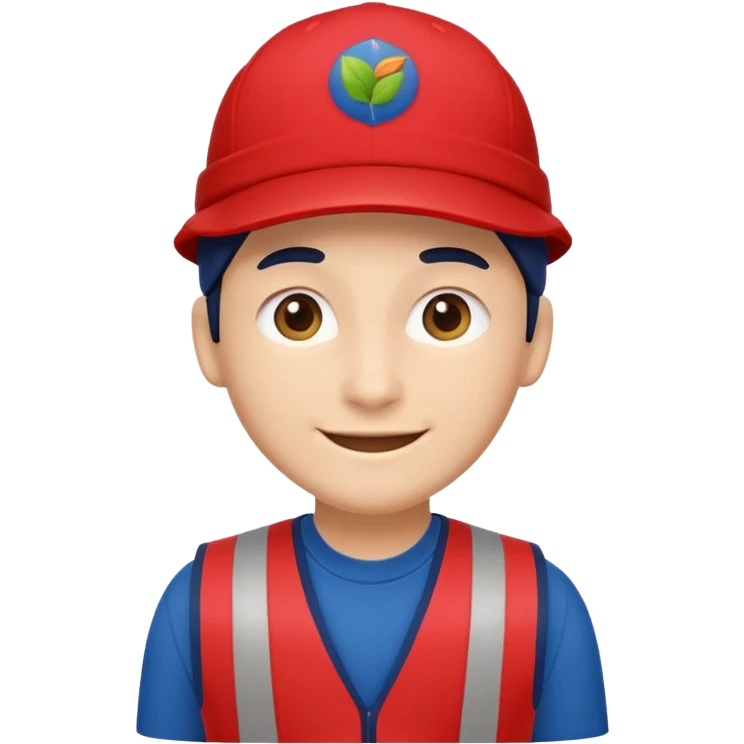 polished Apple emoji-style character, Lowe’s associate, flat vector, front view, red vest, navy blue cap, rounded and friendly, soft smile, simple eyes, no text, no logos, clean background, minimalist emoji