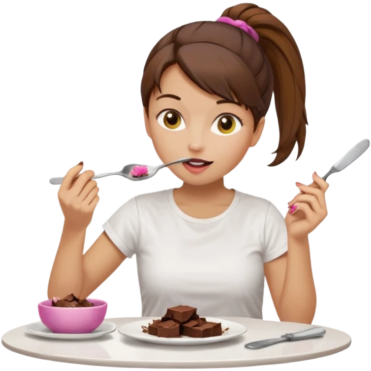 yellow-skinned woman with brown hair in a ponytail, wearing a white T-shirt. She’s sitting at a table, licking chocolate off a knife and holding a 'Banado' jar. On the table: a plate with crumbs, a fork, a glass of dark drink, and a pink lid. Simple brown background. emoji