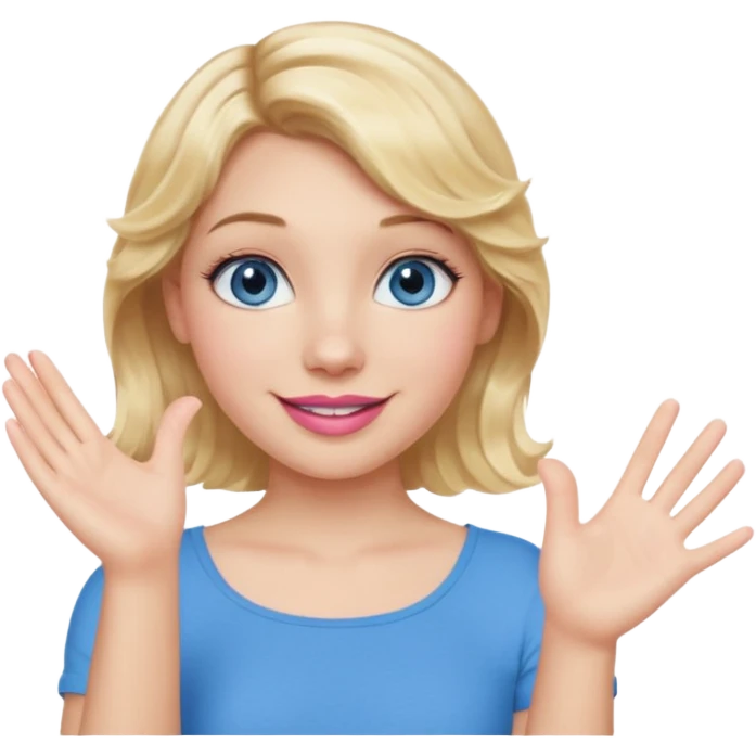 Girl Blonde short wavy hair,  blue eyes, cute blue top, long lashes, pink lips, smiling, one hand palm up emoji