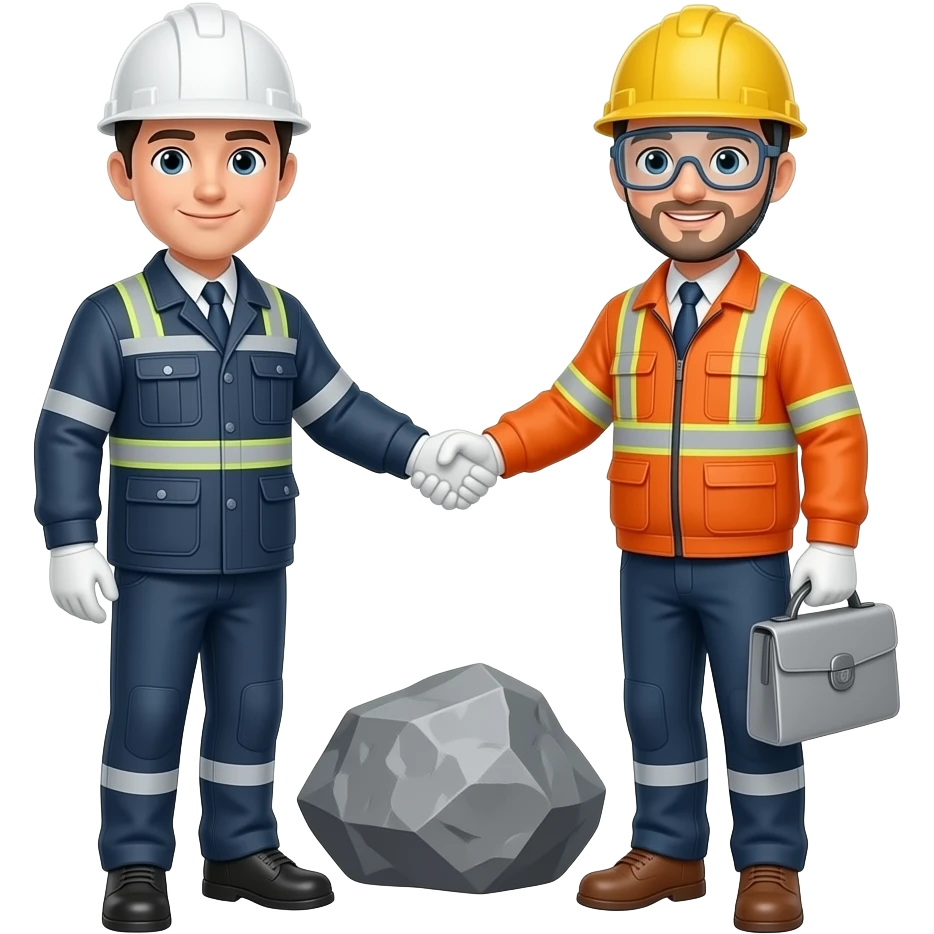 Engineer and geologist with oilfield rock meeting and shaking hands emoji